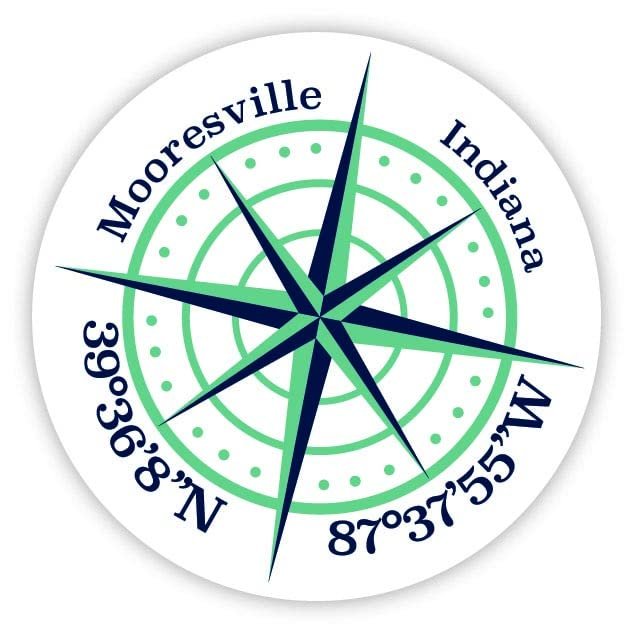 Mooresville Indiana 2-Inch Vinyl Decal Sticker Latitude Longitude Compass Design