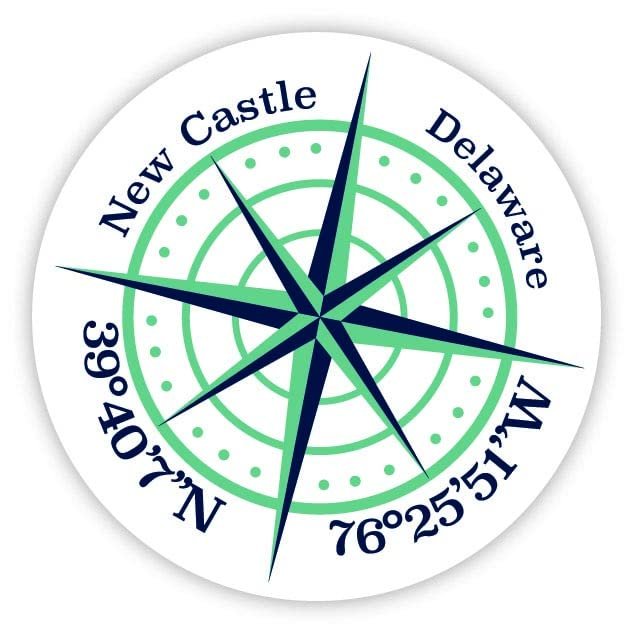 New Castle Delaware 2-Inch Vinyl Decal Sticker Latitude Longitude Compass Design
