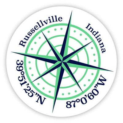 Russellville Indiana 2-Inch Vinyl Decal Sticker Latitude Longitude Compass Design