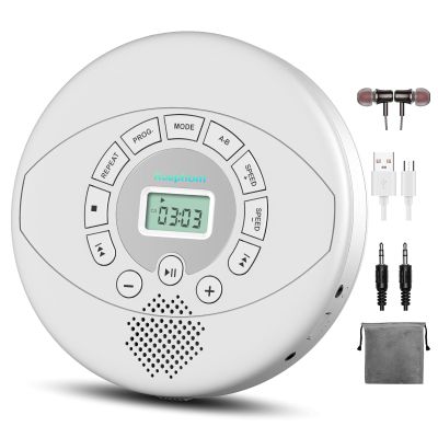 Portable CD Player with Built-in Speaker: KUEPHOM Rechargeable Discman with Headphones - Anti-Skip for Car AUX,USB MP3 playable with Memory for Music/Audiobooks/Travel/Trip/Gift - White