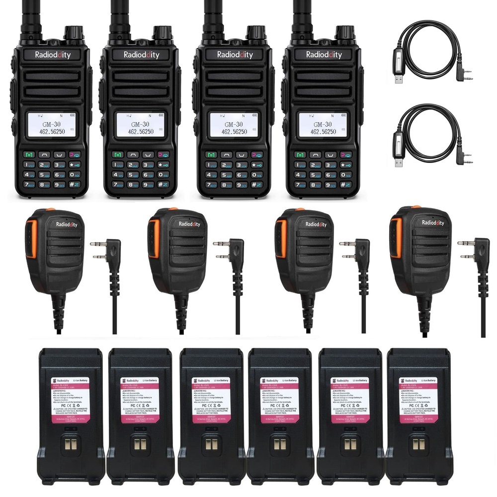 4 Pack Radioddity GM-30 GMRS Radio, Handheld 5W Long Range Two Way Radio for Adults+ 4 Extra 1500mAh Replacement Batteries + 4 RS22 Remote Speaker Mic + 4 Programming Cable