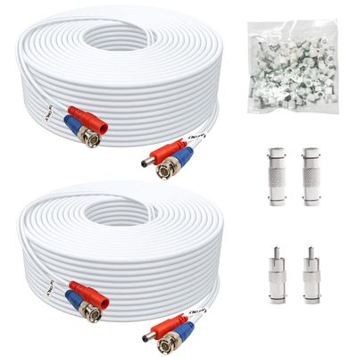 Aimyzii BNC Cable 200ft 2 Pack BNC Video Power Cable,Security Camera Cable for CCTV Camera DVR Security Systems(Included 4X BNC Adapters,1 Bag Cable Clips)-White