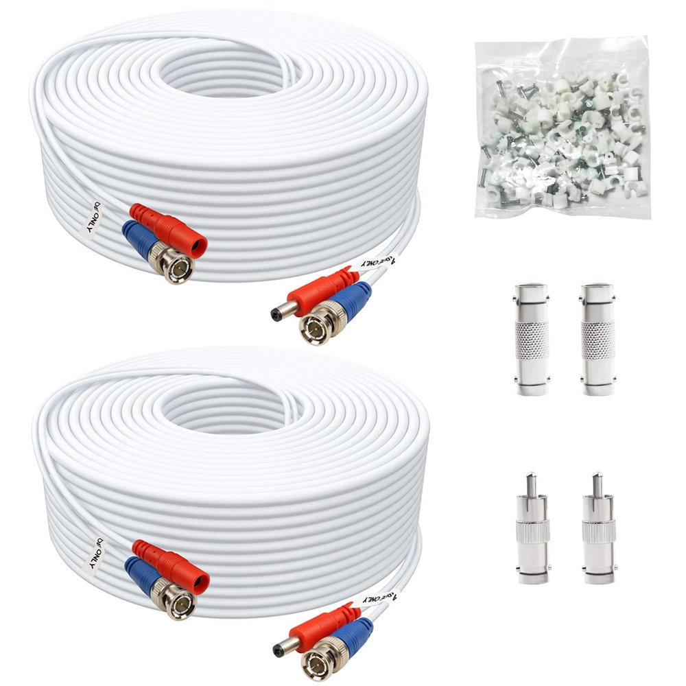 Aimyzii BNC Cable 200ft 2 Pack BNC Video Power Cable,Security Camera Cable for CCTV Camera DVR Security Systems(Included 4X BNC Adapters,1 Bag Cable Clips)-White