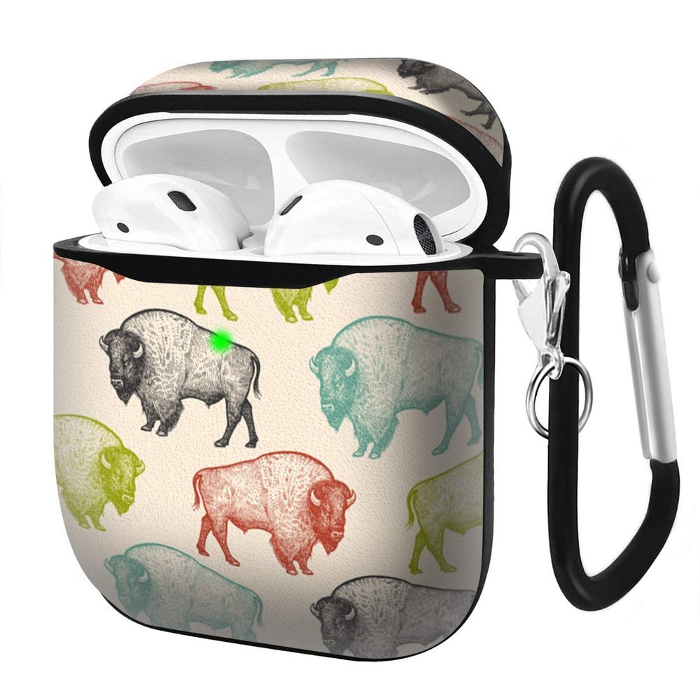Compatible with AirPods 2nd 1st Generation Charging Case ,Soft Leather Printing Case Shock-Absorbing Protective Cover with Keychain (American Bison Pattern)