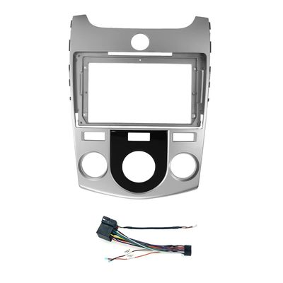 9'' Car Radio Stereo Fascia Frame Panel Trim with Power Harness Loom for 2008-2013 KIA Forte(MT) Cerato 2 Manual AC Dash Mount (Silver)