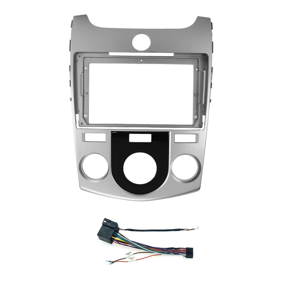 9'' Car Radio Stereo Fascia Frame Panel Trim with Power Harness Loom for 2008-2013 KIA Forte(MT) Cerato 2 Manual AC Dash Mount (Silver)