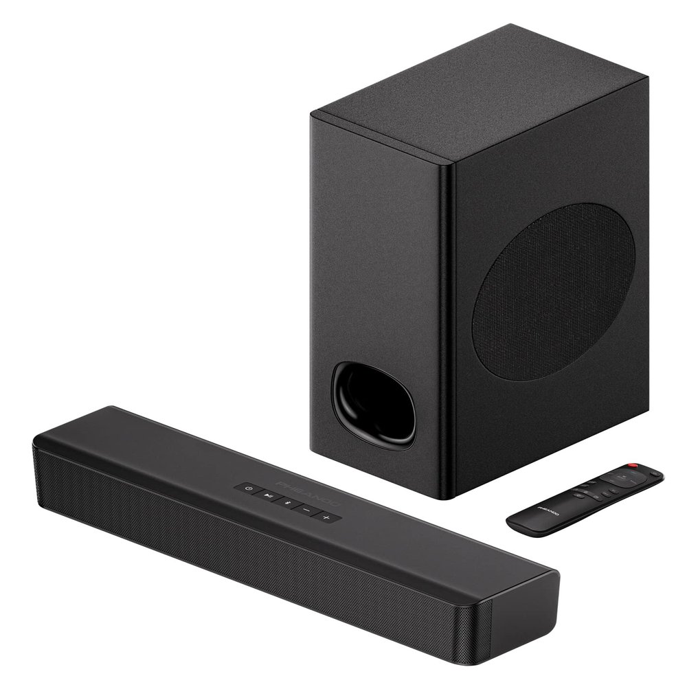 PHEANOO 2.1 Compact Sound Bars for TV with Subwoofer, HDMI ARC/Bluetooth 5.0/Optical/AUX/RCA Connection, Remote Control, Adjustable Bass, Wall Mountable P15, 140W, 16 inch, Black