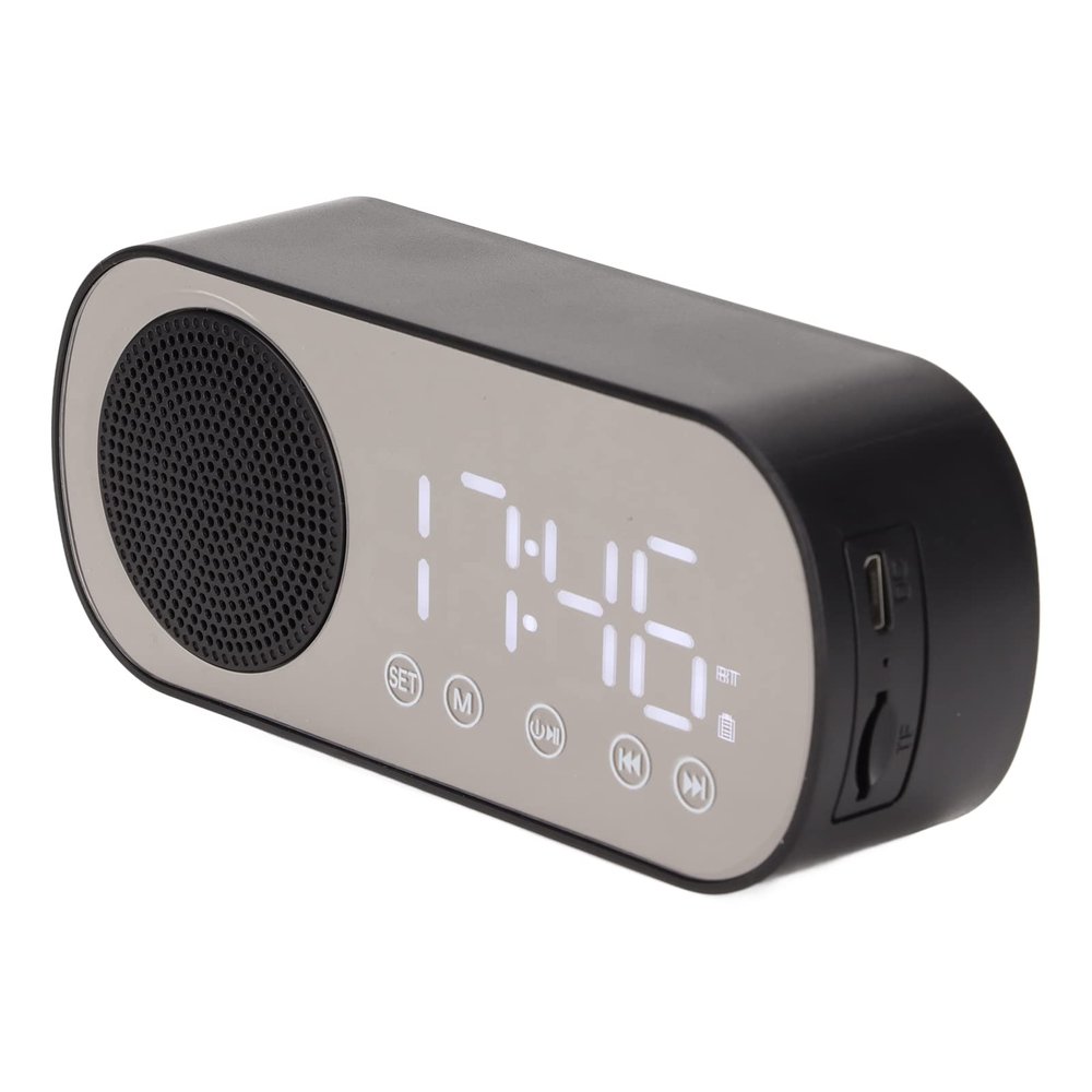 Hilitand Radio Alarm Clock, Bluetooth 5.0 Portable Speaker Digital Clock with Dual Alarm Clock, LED Mirror Digital Alarm Clock for Bedrooms Reading Cooking Horse Riding