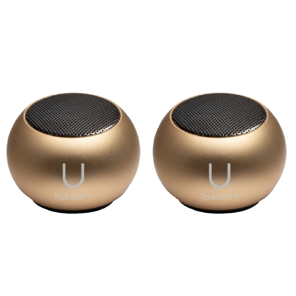 Fashionit U Speakers Mini Bluetooth Computer Speaker 2-Pack Bundle with Matching Speaker, Built-in Mic & Selfie Remote Control, for Workspace, Desktop, Laptop, Mobile, Tablet, PC - Gold