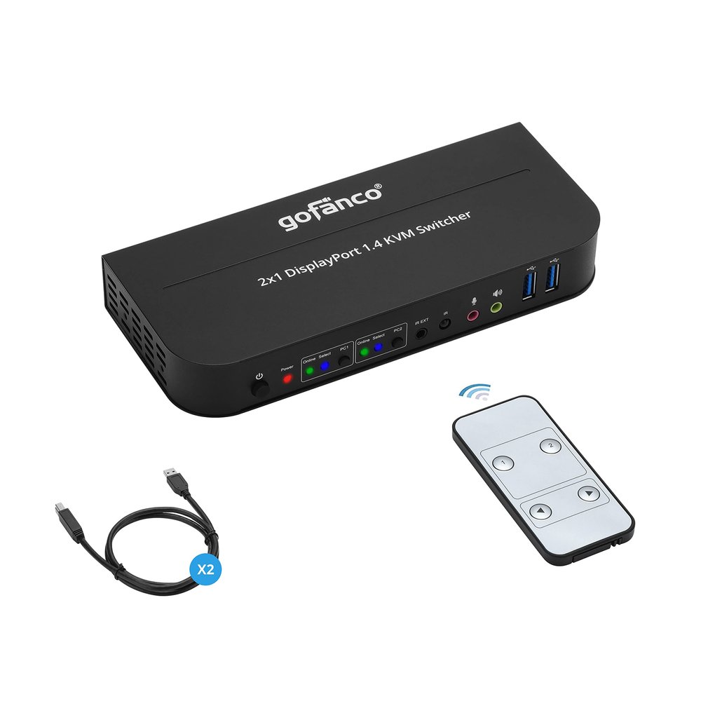gofanco 2 Port 4K 60HZ DisplayPort KVM Switch with USB 3.0 DisplayPort 1.4, 4K @60Hz 4:4:4, HDR, HDCP 2.2/1.4, USB Keyboard/Mouse, USB 3.0 Hub, MIC in, Stereo Out, IR Remote, Hotkeys (KVMDP-2P)