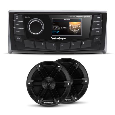 Rockford PMX-5CAN 2.7 Marine Wet Bonded Ipx6 Color Media Receiver, Nmea 2000, 2 Zone Control with 2 Pairs of M0-65B 6.5 Marine 2-Way System 250 Watts Peak, Black Grilles Included