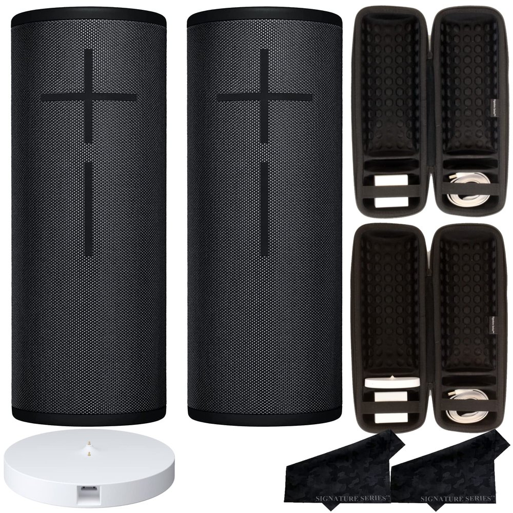 Ultimate Ears MEGABOOM 3 Wireless Portable Waterproof Bluetooth Speaker, 2 Pack with 360 Degree Sound, Party UP Mode with 1 PowerUp Charging Dock and 2 Signature Series Cases and Microfiber Cloths