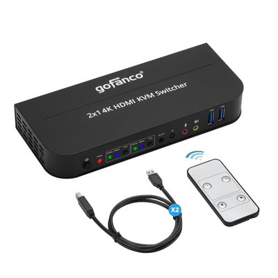 gofanco 2 Port HDMI KVM Switch with USB 3.0 4K @60Hz 4:4:4, 18Gbps, HDR, 3D, HDCP 2.2/1.4, USB Keyboard/Mouse, USB 3.0 Hub, MIC in, Stereo Out, IR Remote, Hotkeys (KVMHD2-2P)