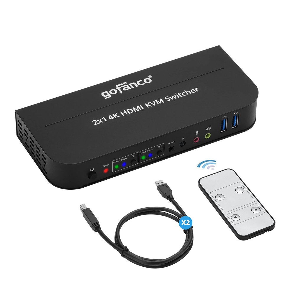 gofanco 2 Port HDMI KVM Switch with USB 3.0 4K @60Hz 4:4:4, 18Gbps, HDR, 3D, HDCP 2.2/1.4, USB Keyboard/Mouse, USB 3.0 Hub, MIC in, Stereo Out, IR Remote, Hotkeys (KVMHD2-2P)