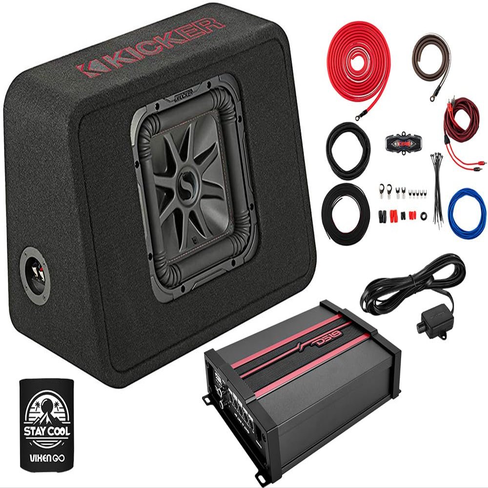 KICKER Subwoofer and Amp Package of 3 Items - 10" L7R Vented 1000 Watt Single Sub Enclosure, DS18 Class D Monoblock Amplifier, and Complete 4AWG Wiring Kit