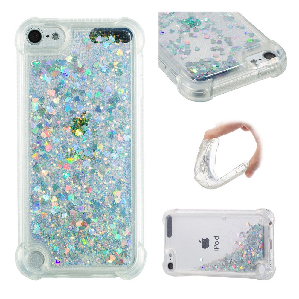 LEMAXELERS Compatible iPod Touch 7 Case - Bling Glitter Liquid, Floating Quicksand Shockproof Protective Sparkle Silicone Soft TPU Case for iPod Touch 5 / Touch 6 - YBL Love Silver
