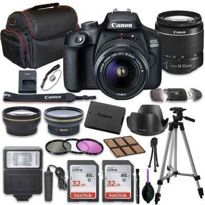 Canon EOS 4000D (Rebel T100) DSLR Camera Bundle with Canon EF-S 18-55mm Zoom Lens + 2pc SanDisk 32GB Memory Cards + Accessory Kit with Case, Flash, Filters and More (Renewed)