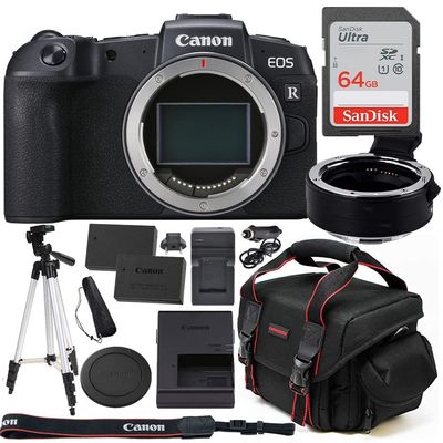 Canon EOS RP Full Frame Mirrorless Camera (Body Only) Bundle with EOS R Mount Adapter, 64GB Ultra High Speed Memory Card, Accessories Including Extra Battery, Case and Tripod (11 Items) (Renewed)