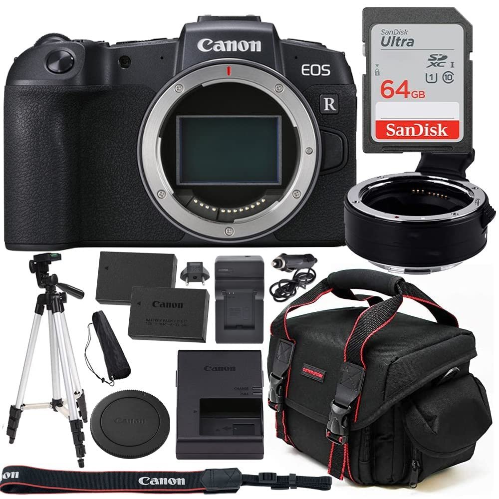 Canon EOS RP Full Frame Mirrorless Camera (Body Only) Bundle with EOS R Mount Adapter, 64GB Ultra High Speed Memory Card, Accessories Including Extra Battery, Case and Tripod (11 Items) (Renewed)
