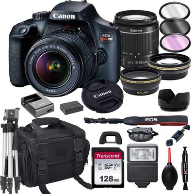 Canon EOS Rebel T100 DSLR Camera with 18-55mm f/3.5-5.6 Zoom Lens + 128GB Card, Tripod, Flash, and More (20pc Bundle) (Renewed)