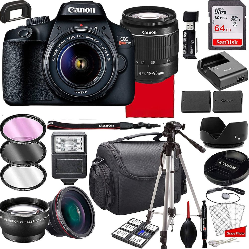 Canon EOS Rebel T100 DSLR Camera with 18-55mm f/3.5-5.6 Zoom Lens , 64GB Memory,Case, Tripod and More (28pc Bundle) (Renewed)