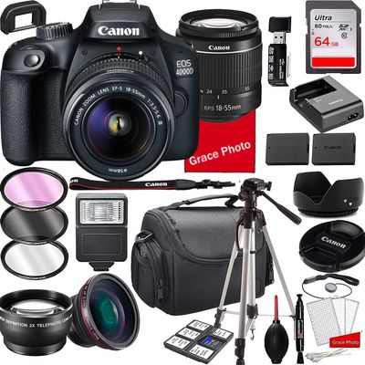 Canon EOS 4000D DSLR Camera with 18-55mm f/3.5-5.6 Zoom Lens , 64GB Memory,Case, Tripod and More (28pc Bundle) (Renewed)