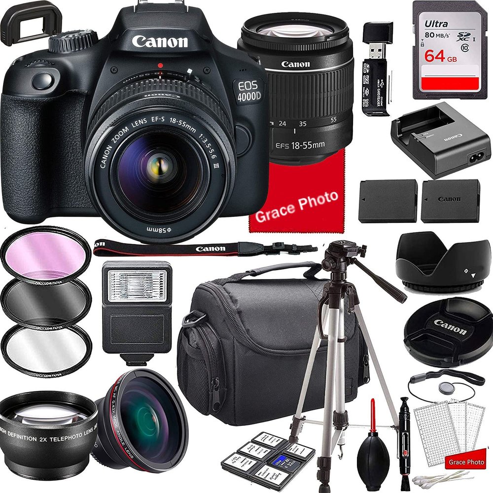 Canon EOS 4000D DSLR Camera with 18-55mm f/3.5-5.6 Zoom Lens , 64GB Memory,Case, Tripod and More (28pc Bundle) (Renewed)