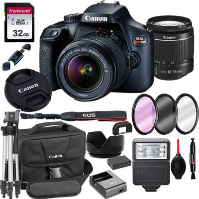 Canon T100 Rebel DSLR Camera with 18-55mm f/3.5-5.6 Zoom Lens + 32GB Card, Tripod, Flash, and More (18pc Bundle) (Renewed)