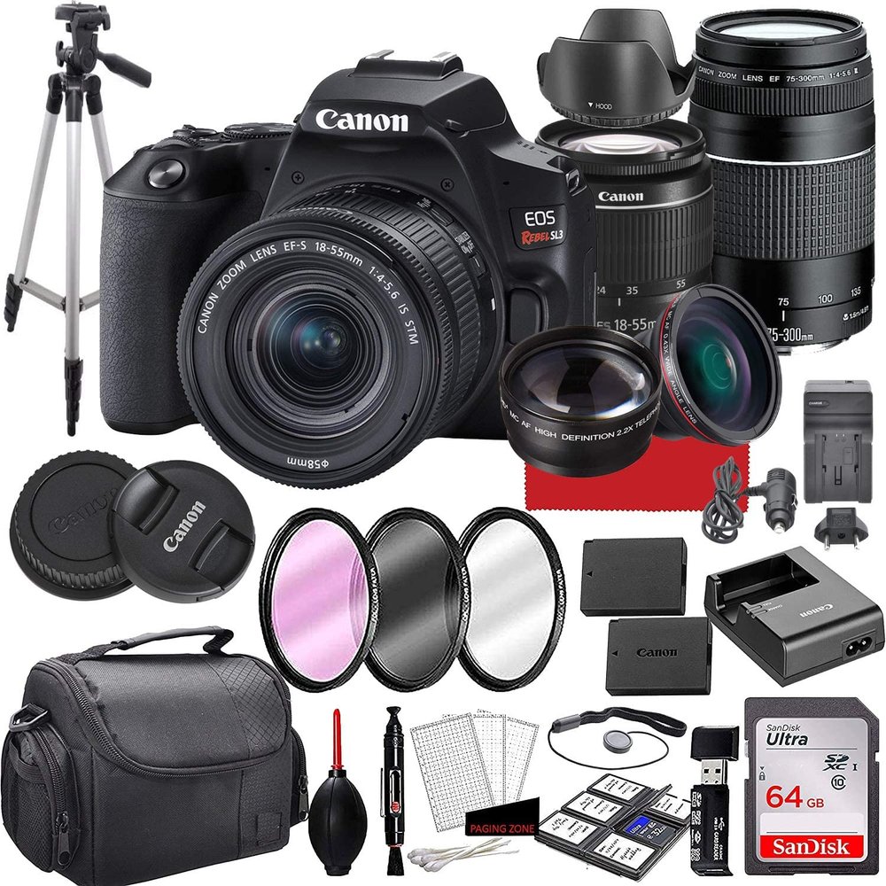 Canon EOS Rebel SL3 DSLR Camera Bundle with Canon EF-S 18-55mm STM and 75-300mm III Lens, 64GB Memory, Case, Tripod and More (28pc Bundle) (Renewed)