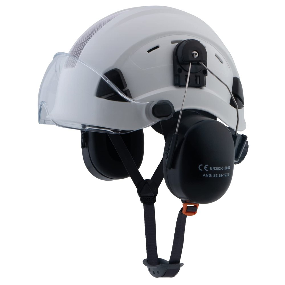 LOHASPRO Hard Hat Safety Helmet with Visor and Ear Muffs,Arborist Forestry Helmet Garden Tree Cutting Logging Wood Chopping Chainsaw Work Construction Hardhat(L91 White+Clear Visor+Earmuff)