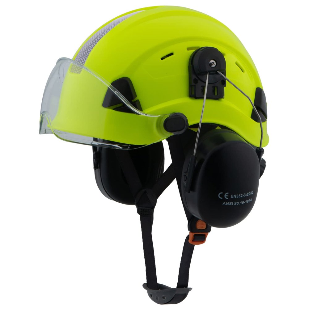 LOHASPRO Hard Hat Safety Helmet Arborist Forestry Helmet Garden Tree Cutting Logging Wood Chopping Chainsaw Work Construction Hardhat(L91 Lime Clear+Earmuff)