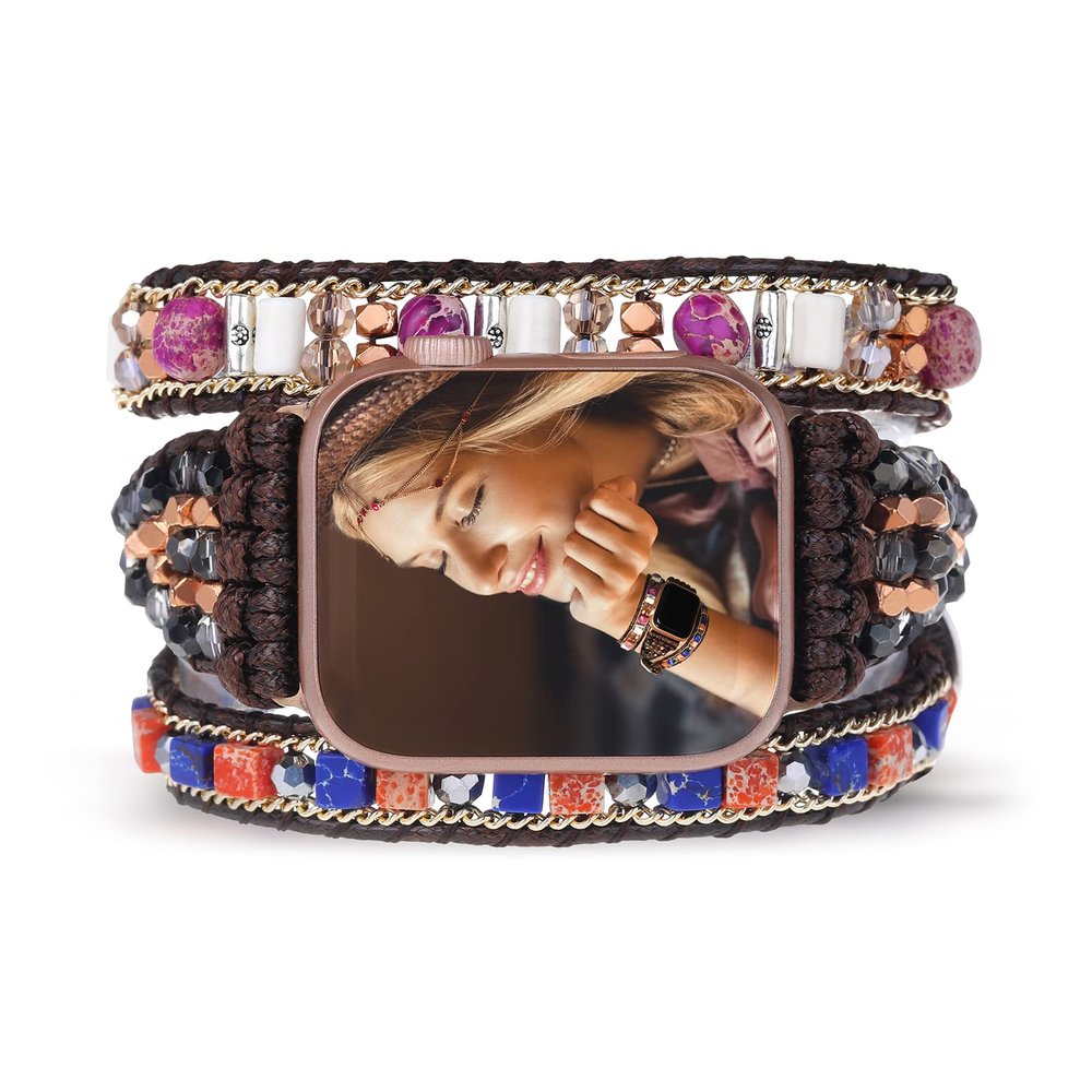 CHARMINGO Boho Wrap Bracelet Compatible with Beaded Apple Watch Band for Women 38mm/40mm/41mm, Handmade Jasper Stone Beads Apple Watch Strap for Iwatch Band Ultra Series 8/7/6/5/4/3/2/1 SE