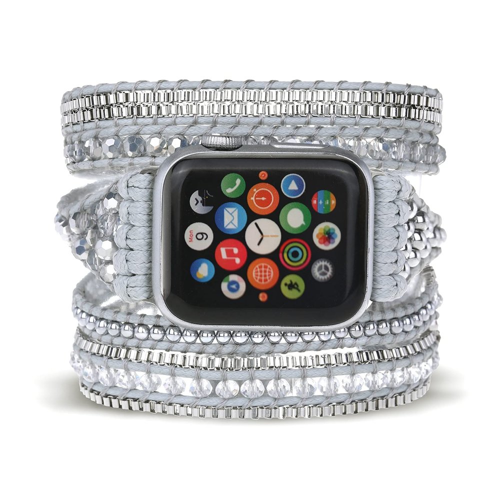 Boho Watch Band Compatible with Apple Watch Band Bracelet for Women Men 44mm 42mm 45mm 49mm - Handmade Crystal Beaded Wrap Apple Watch Strap for Iwatch Band Series 9 8 7 6 SE Ultra 2 5 4 3 2 1 Silver