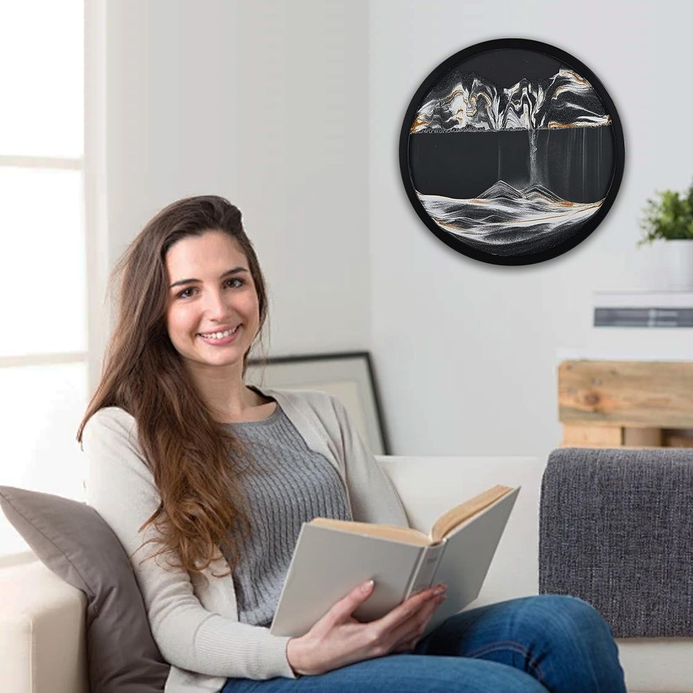 3D Sand Art Liquid Motion Dynamic Sand Picture 3D Creative Deep Sea Sandscape, 360 Rotate, Glass Crafts Solid Wood Frame, Relaxing Mood Home Office Work Decor, 44cm/17.3'' (Silver-black background)