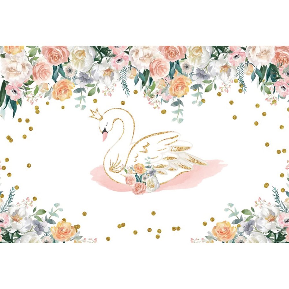 DORCEV 12x8ft Swan Princess Backdrop for Birthday Baby Shower Party Decorations White Swan Backdrop Background Glitter Rustic Floral Pink Flowers Gold Crown Girls Party Banner Photo Booth Props