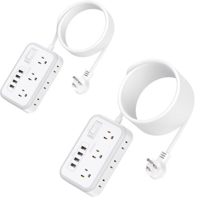 NTONPOWER 10 ft & 25 ft Extension Cord Bundle, 6 Outlet Power Strip with 4 USB Ports, Flat Plug, Overload Protection, Mountable, White