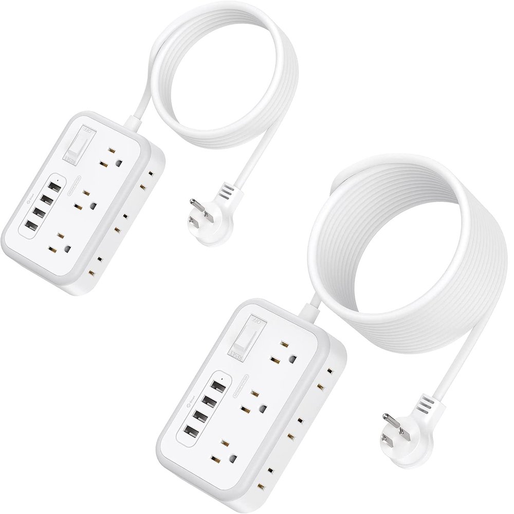 NTONPOWER 10 ft & 25 ft Extension Cord Bundle, 6 Outlet Power Strip with 4 USB Ports, Flat Plug, Overload Protection, Mountable, White