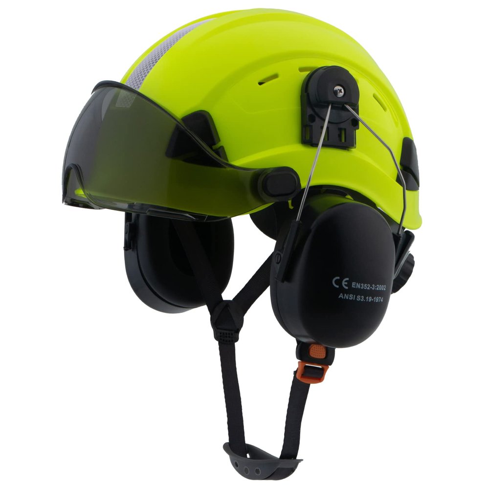 LOHASPRO Hard Hat Safety Helmet Arborist Forestry Helmet Garden Tree Cutting Logging Wood Chopping Chainsaw Work Construction Hardhat(L91 Lime Smoked +Earmuff)
