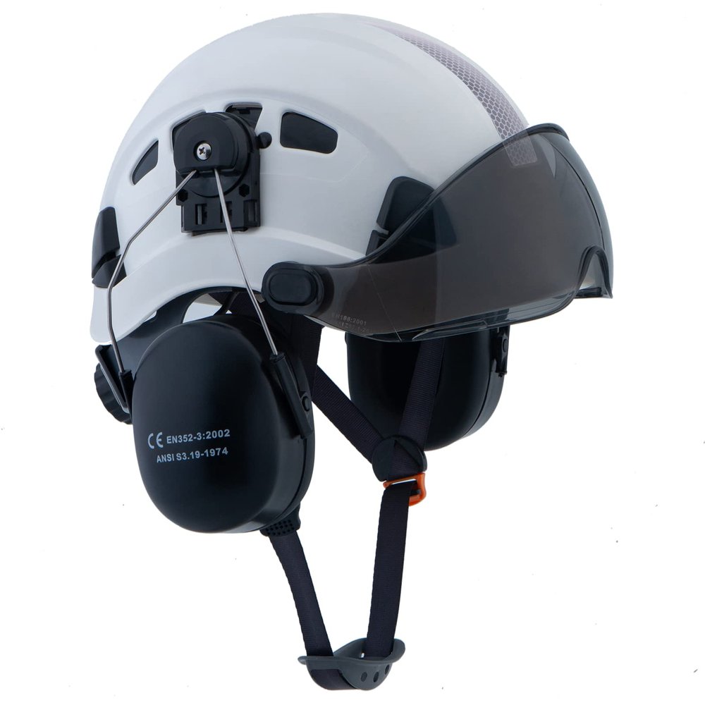 LOHASPRO Arborist Forestry Helmet Safety Hard Hat with Visor and Ear Muffs for Tree Service Logging Cutting Wood Chainsaw Helmet Garden Work Trimming Mowing(P91 White+Smoked Visor+Earmuff)