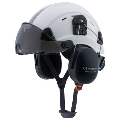 Hard Hat Safety Helmet with Visor and Ear Muffs,LOHASPRO Arborist Forestry Helmet Garden Tree Cutting Logging Wood Chopping Chainsaw Work Construction Hardhat(L91 White+Smoked Visor+Earmuff)