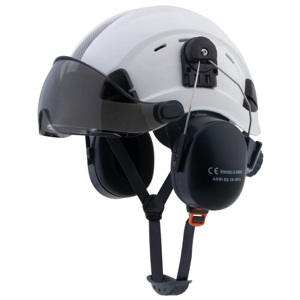 Hard Hat Safety Helmet with Visor and Ear Muffs,LOHASPRO Arborist Forestry Helmet Garden Tree Cutting Logging Wood Chopping Chainsaw Work Construction Hardhat(L91 White+Smoked Visor+Earmuff)