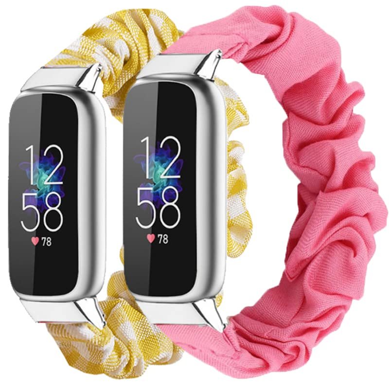 2 Packs Compatible with Fitbit Luxe Bands for Women Girl, Scrunchies Cloth Soft Pattern Printed Fabric Luxe Wristband Bracelet Elastic Straps for Fitbit Luxe Fitness Tracker (Color-D)