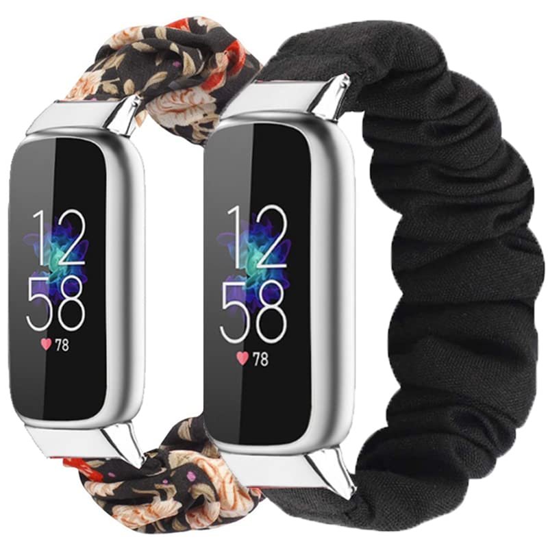 2 Packs Compatible with Fitbit Luxe Bands for Women Girl, Scrunchies Cloth Soft Pattern Printed Fabric Luxe Wristband Bracelet Elastic Straps for Fitbit Luxe Fitness Tracker (Color-F)