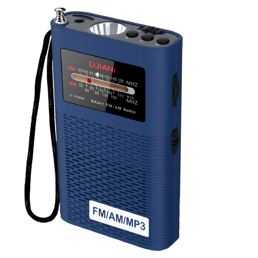 Portable Backlit AM/FM Radio MP3 Player Pocket Transistor with Flashlight 2200mah Battery Operated, Long Antenna Best Reception, Powered Replaceable,Bass,TF Card Player,Easy Tuning at Night(Blue)