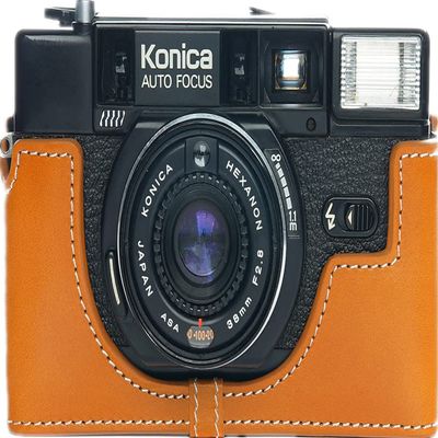 C35 AF2 Case, BolinUS Handmade Genuine Real Leather Half Camera Case Bag Cover for Konica C35 AF2 Flashmatic Camera With Hand Strap (Yellow)