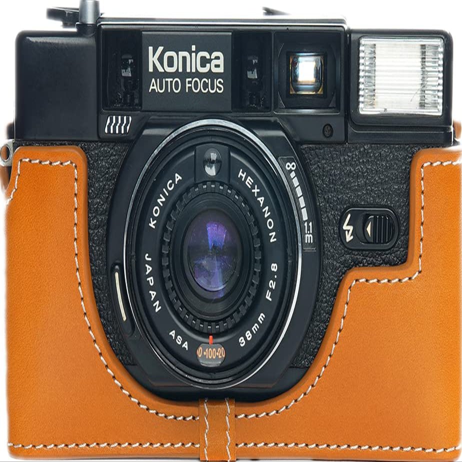 C35 AF2 Case, BolinUS Handmade Genuine Real Leather Half Camera Case Bag Cover for Konica C35 AF2 Flashmatic Camera With Hand Strap (Yellow)