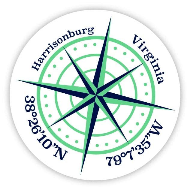 Harrisonburg Virginia 2-Inch Vinyl Decal Sticker Latitude Longitude Compass Design