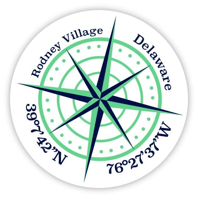 Rodney Village Delaware 2-Inch Vinyl Decal Sticker Latitude Longitude Compass Design