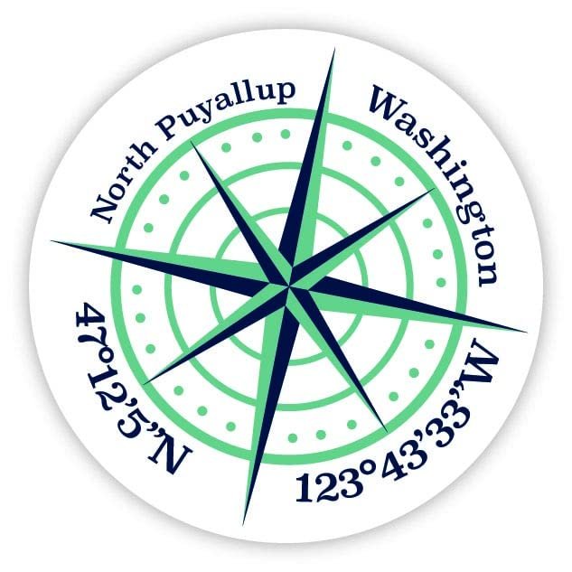 North Puyallup Washington 2-Inch Vinyl Decal Sticker Latitude Longitude Compass Design