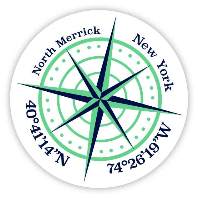 North Merrick New York 2-Inch Vinyl Decal Sticker Latitude Longitude Compass Design